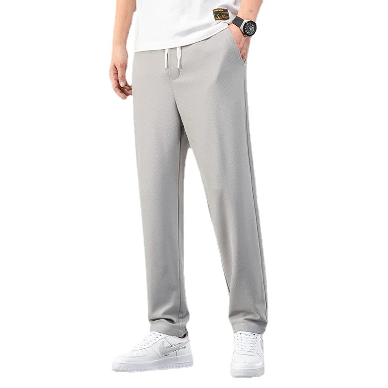 Straight Classic Waffle Elastic Waist Thin Casual Trousers