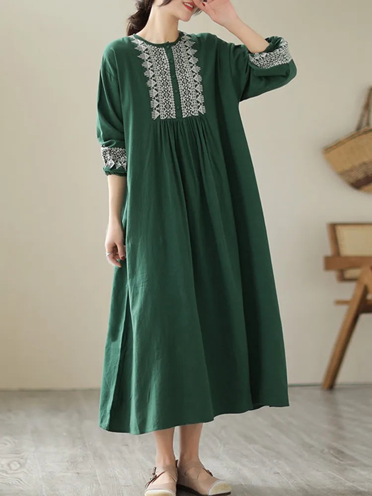 Cotton Long Dresses Vintage Style Geometric Embroidery