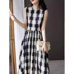 Fashion Vintage Plaid Printing Sleeveless Dress Casual Style