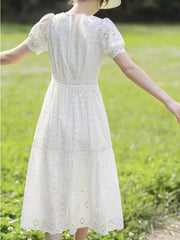 White Lace Hollow Out Dress Embroidery Elegant Short Sleeve O-Neck