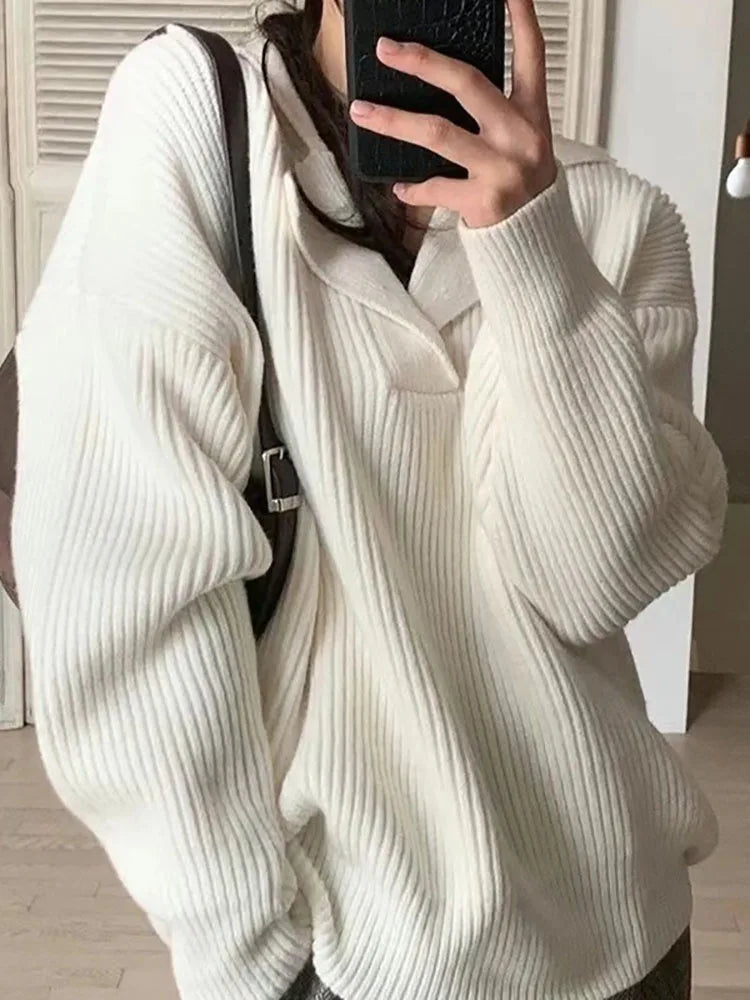 V-neck Sweater Long-sleeved Knitted Pullovers Ribbed Oversize