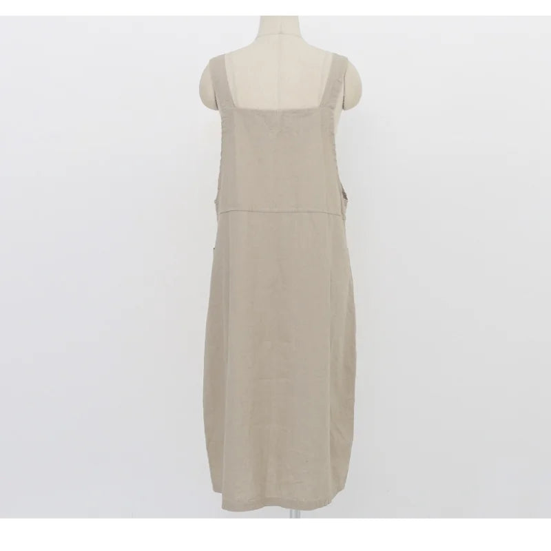 Fashion Cotton Linen Spaghetti Strap Dress Loose Pockets