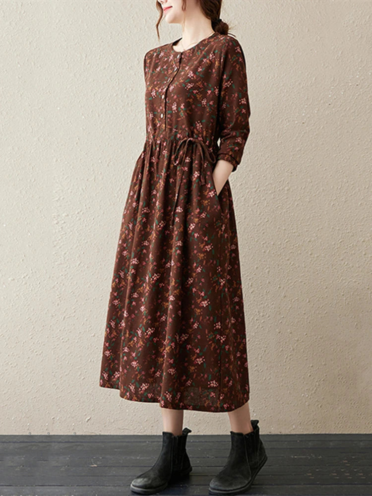 Long Sleeve Cotton Linen Vintage Floral Print Dresses Clothing