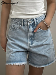 Blue Denim Shorts Women Jeans Long High Waist