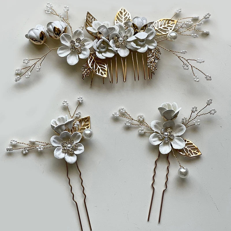 Bride Artificial Flower Beads Side Comb Accessories Jewelry