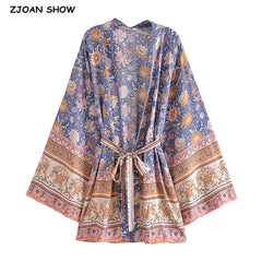 BOHO Blue With Brown Flower Print Kimono Shirt