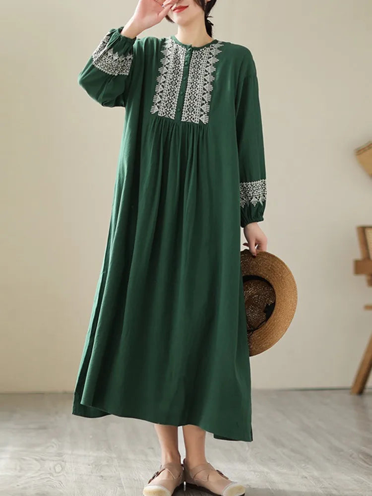 Cotton Long Dresses Vintage Style Geometric Embroidery