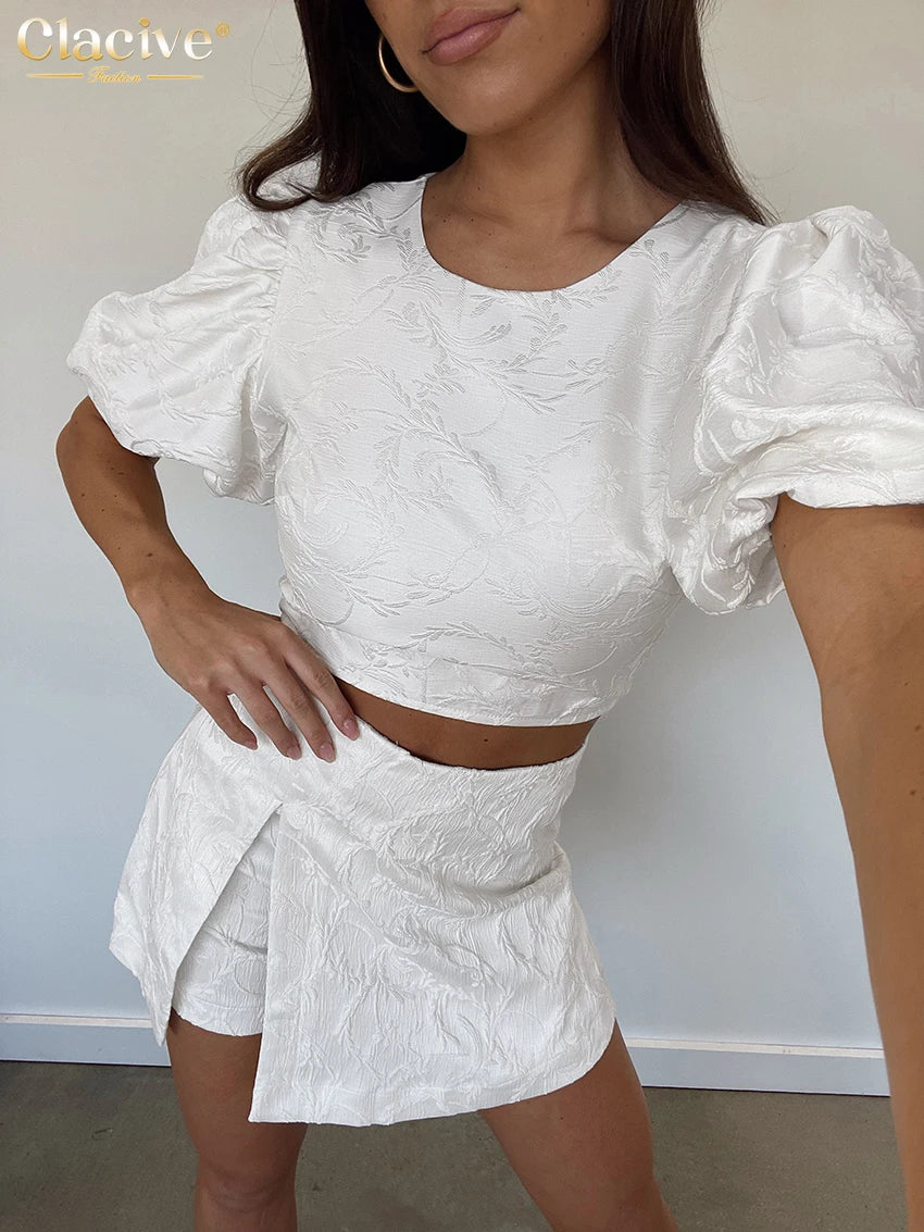 Fashion Loose White 2 Piece Sets Woman Outfit Short Sleeve Crop Top