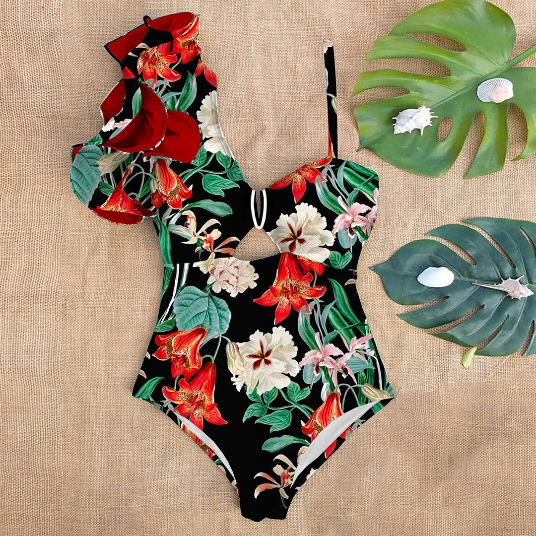 Ruffle Swimwear Single Shoulder One Piece Swimsuit Floral Printed