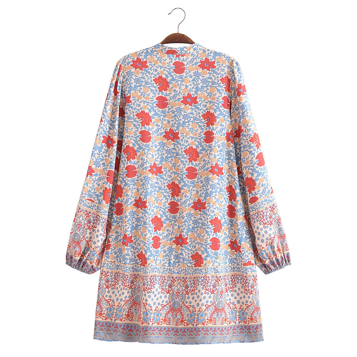 BOHO Women V neck Flower Print Full Sleeve Mini Dress