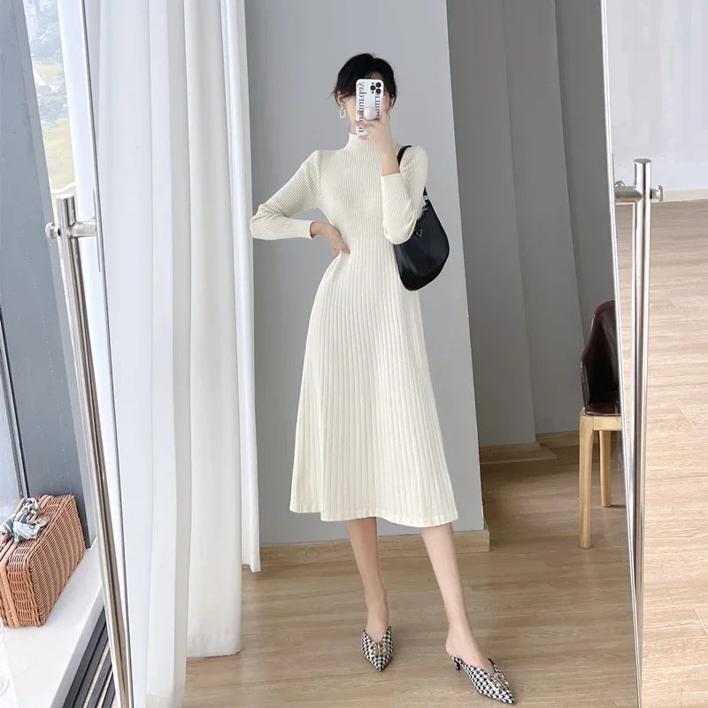 Long Sleeve Bodycon Dress High Collar Knitted Sweater