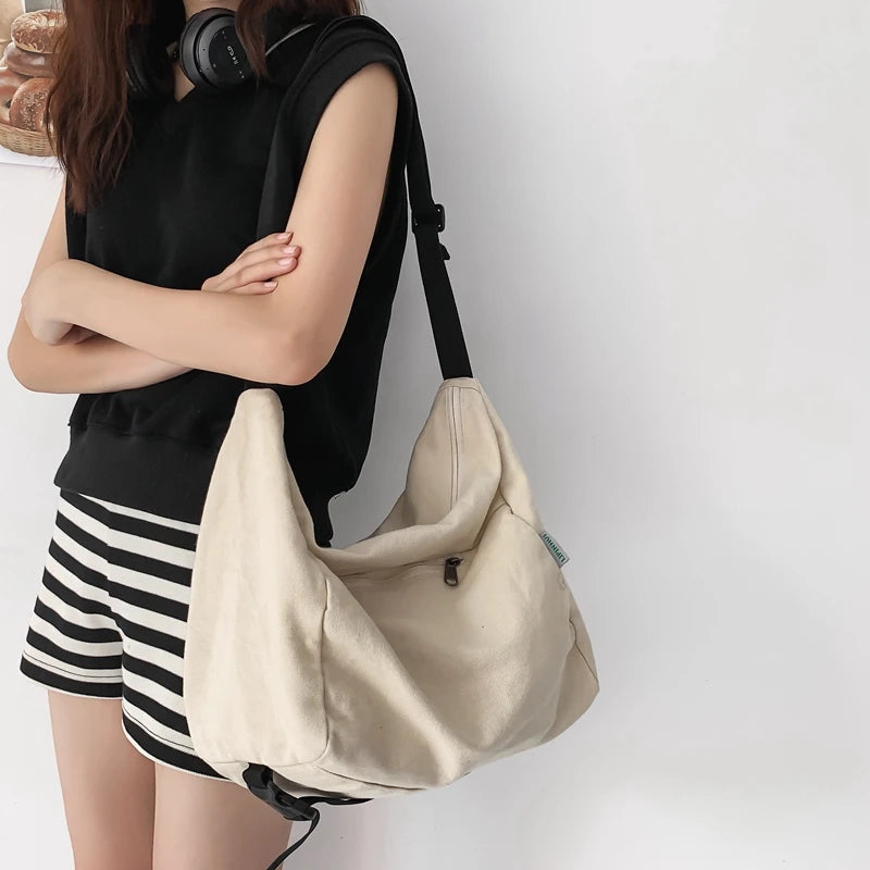 Leisure Canvas Shoulder Bag For Simple Solid Color Large Capacity