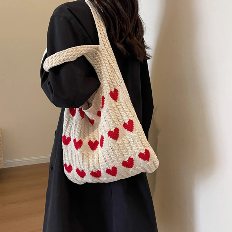 Fashion Heart Shape Pattern Knit Tote Bag Retro