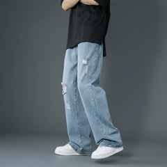 Men's Ripped Wide Leg Jeans Trend Straight Baggy Denim Vintage Trousers