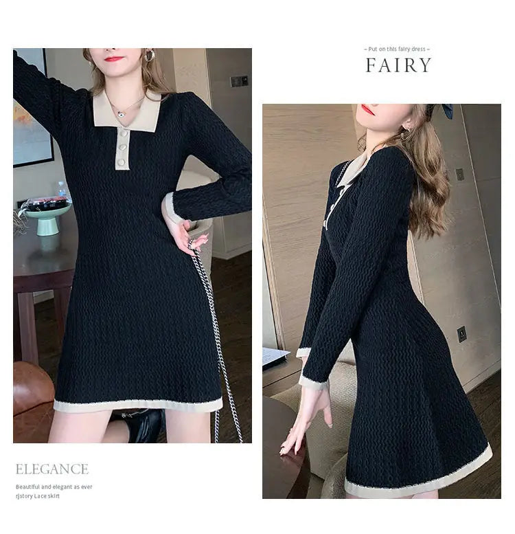Contrast Color Fashion Midi High Street Casual Slim Knitting Dress