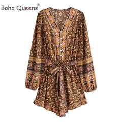 Floral Print Sashes V Neck Long Sleeve Tassel Rayon Rompers Jumpsuits