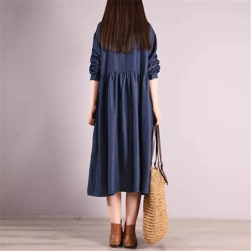 Style Solid Fashion Turn-down Collar Denim Autumn Dress