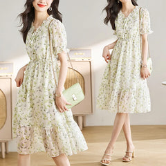 Floral Printing V-neck Ruffles A-line Robe Short Sleeve Lace Up Dress
