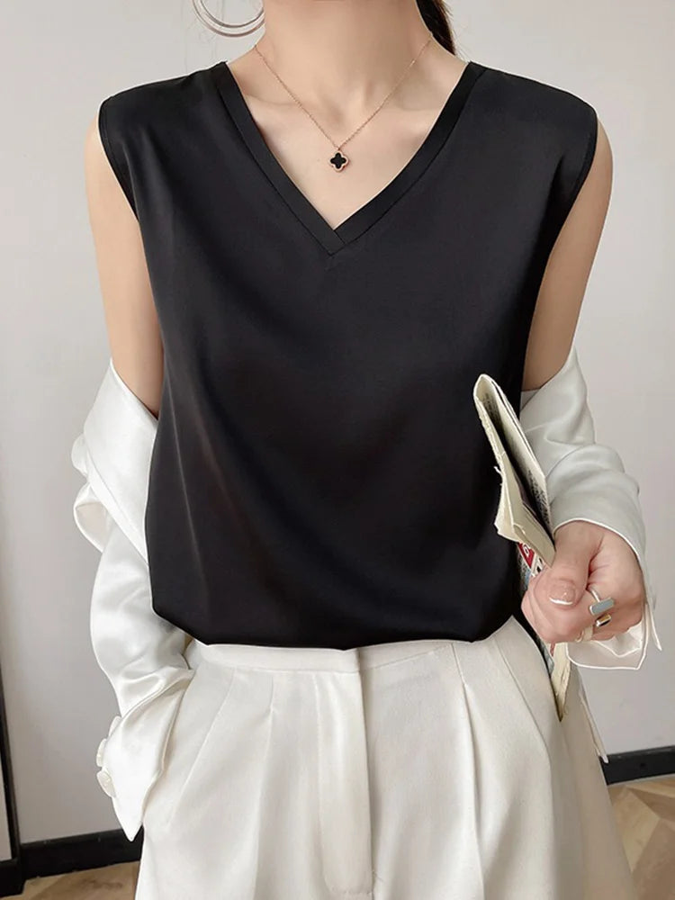 Silk Sleeveless Satin Basic V Neck White Blouses