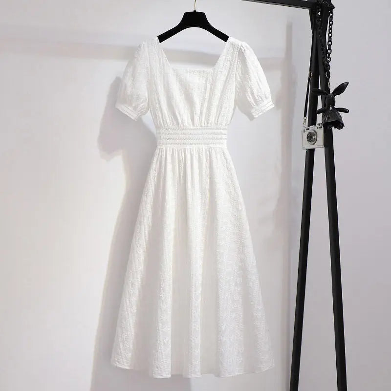 Fashion Style Black Square Collar Dress Lace Short Sleeve