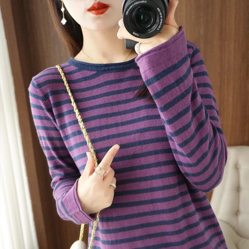 Sweater Curled O-neck Strip Pullover Casual Knit Clothing Fashion