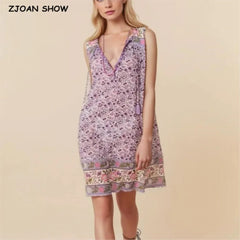 BOHO Purple Flower Print Sleeveless Mini Dress Hippie