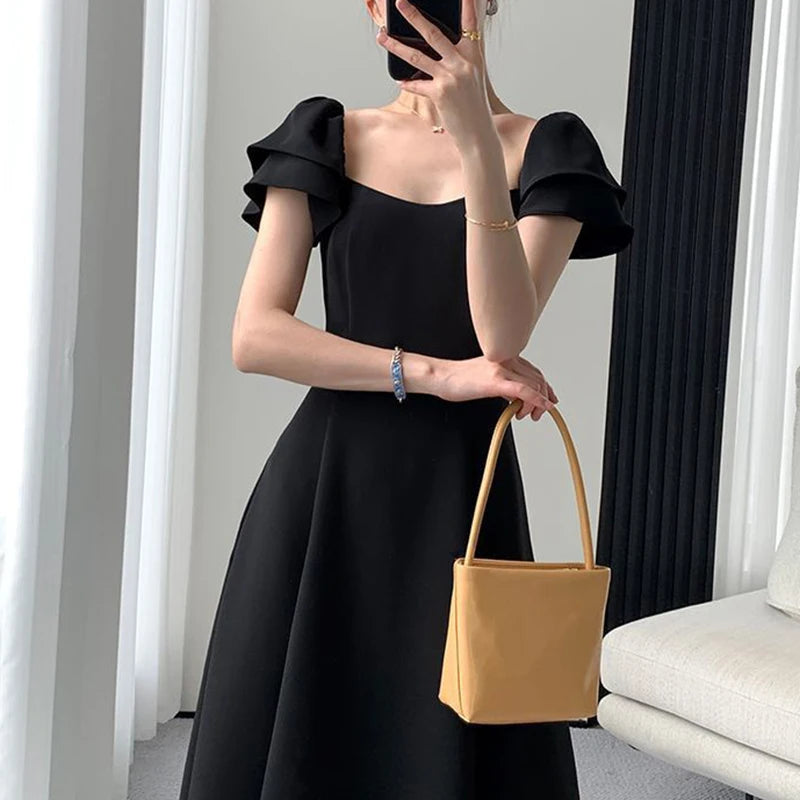 Style Black Waist A-line Dress Lady Short Sleeve Elegant Fashion