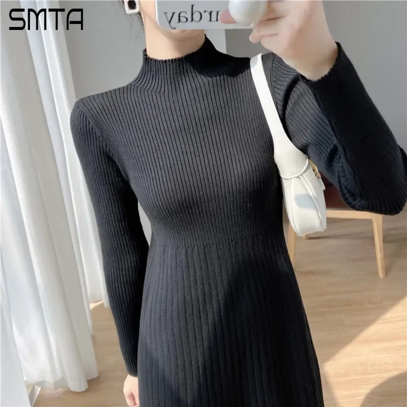 Long Sleeve Bodycon Dress High Collar Knitted Sweater