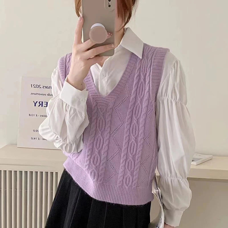 Women V-neck Sweater Vest Solid Sleeveless Preppy Style