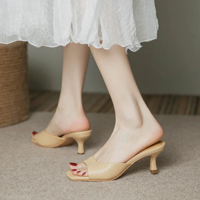 Square Toe High Heel Slippers Summer Pumps Thin Heel Sandals