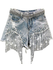 Summer Elegant Shorts Tassel Beading High Waist Wide Leg Denim Shorts