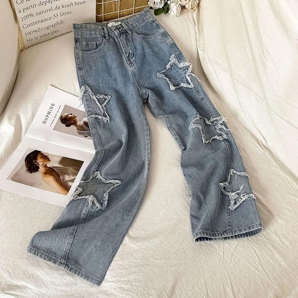 Denim Popular Ins Fashion With Star High Waist Straight Leg