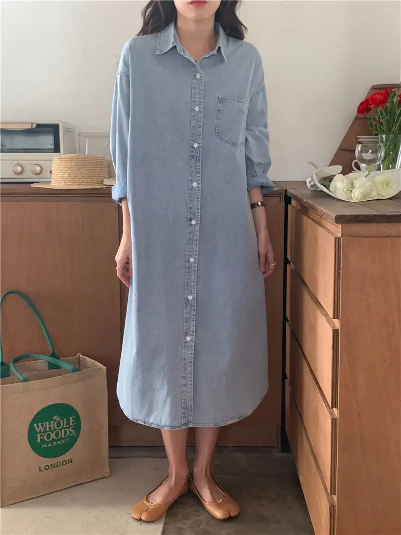 Casual Denim Long Sleeve Cardigan Shirt Long Dresses