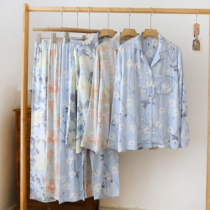 Pajamas Set Cotton Silk Large Flower Home Long Sleeve Pants