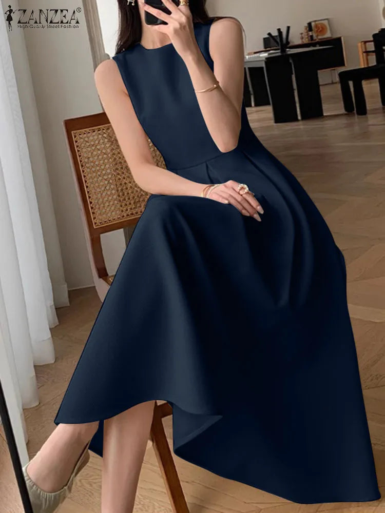 Women Sleeveless Pleated Dress A-line Tank Evening Dress