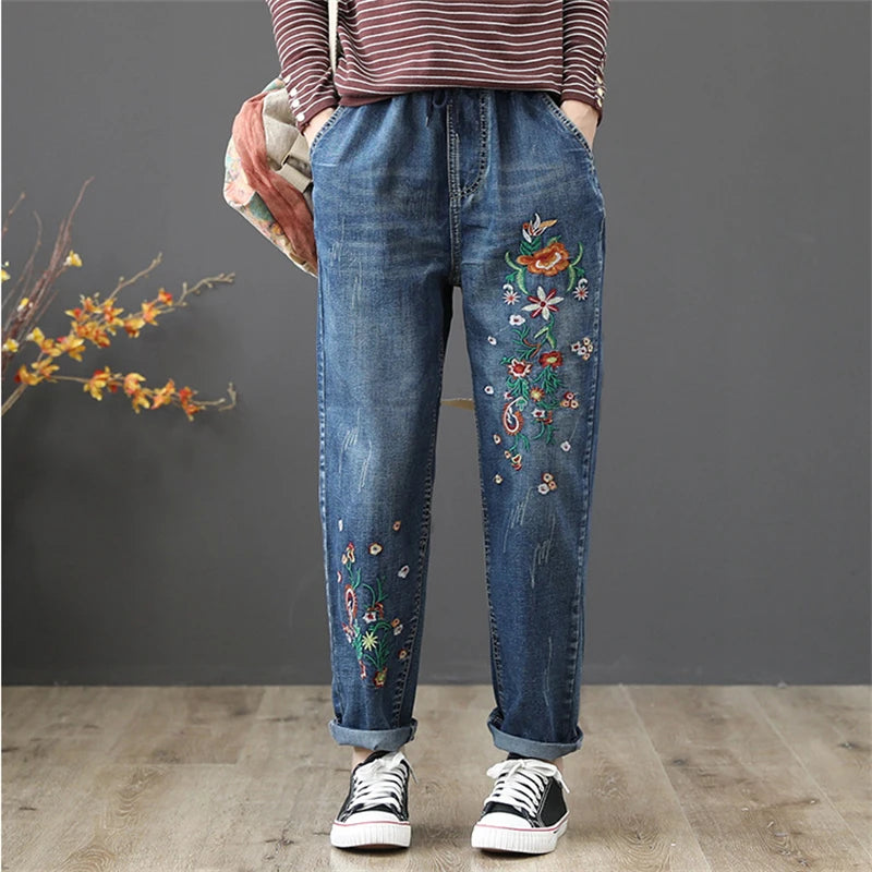 Women's Denim Pants Vintage Flower Embroidery Casual Loose Jeans