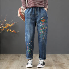 Women's Denim Pants Vintage Flower Embroidery Casual Loose Jeans