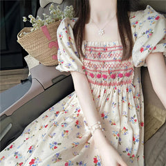 Square Collar Floral Printing A-line Dress Female Folds Patchwork Puff Short Sleeve