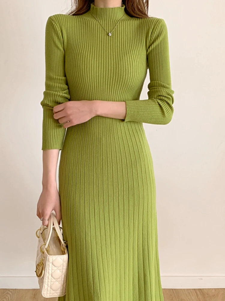 Long Sleeve Party Midi Knitted Half High Collar Knitted Sweater Dresses