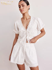 Loose White Cotton 2 Piece Sets Women Outfit Short Sleeve Shirt