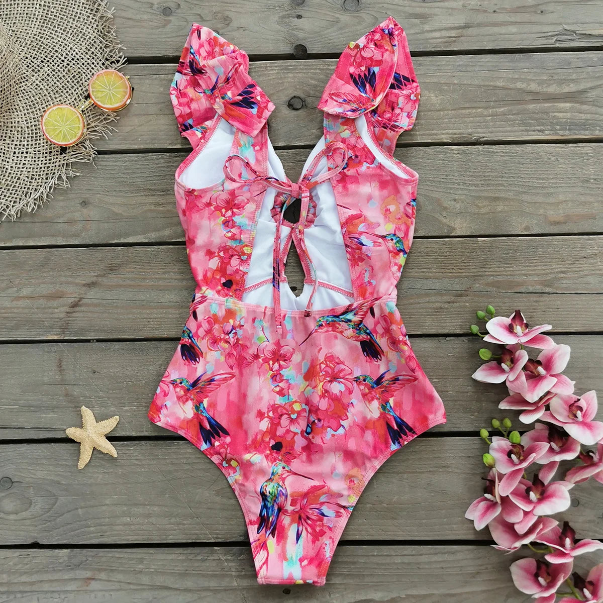 Print Ruffle One Piece Swimsuit Deep-V Swimwear