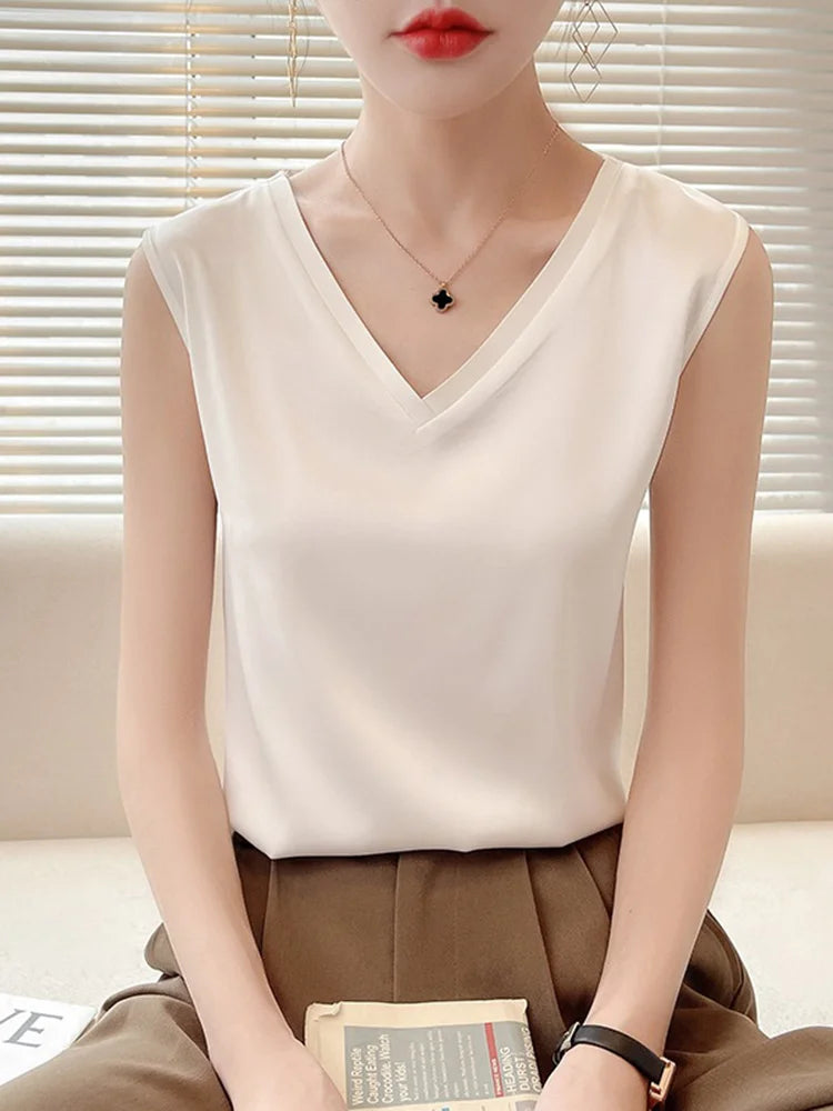 Silk Sleeveless Satin Basic V Neck White Blouses