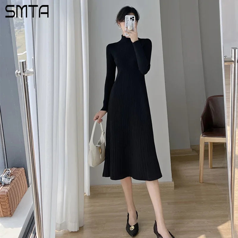 Long Sleeve Bodycon Dress High Collar Knitted Sweater