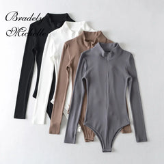 Women's Slim Standing Collar Zipper Long Sleeve Jumpsuit Solid