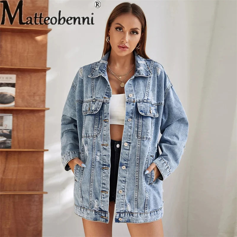 Vintage Style Loose Denim Jacket Long Sleeve Single-breasted Cardigan Coat