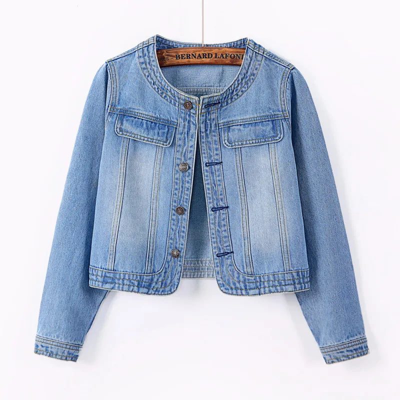 Women Denim Jackets Three-Quarter Sleeve O-Neck Single-Breasted Outerwear