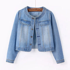 Women Denim Jackets Three-Quarter Sleeve O-Neck Single-Breasted Outerwear