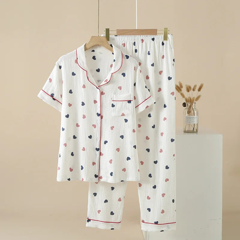 Pajamas Set Pure Cotton Short Sleeve Sleepwear Lingerie Set Floral Home Suit