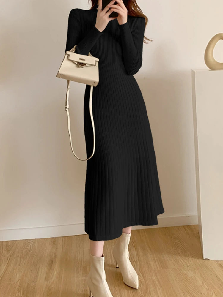 Long Sleeve Party Midi Knitted Half High Collar Knitted Sweater Dresses