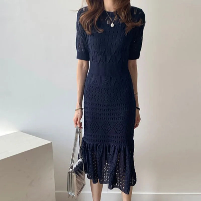 Casual Chic Slim Out Dresses O Neck Short Sleeve Wrap Hip Knitted Dress